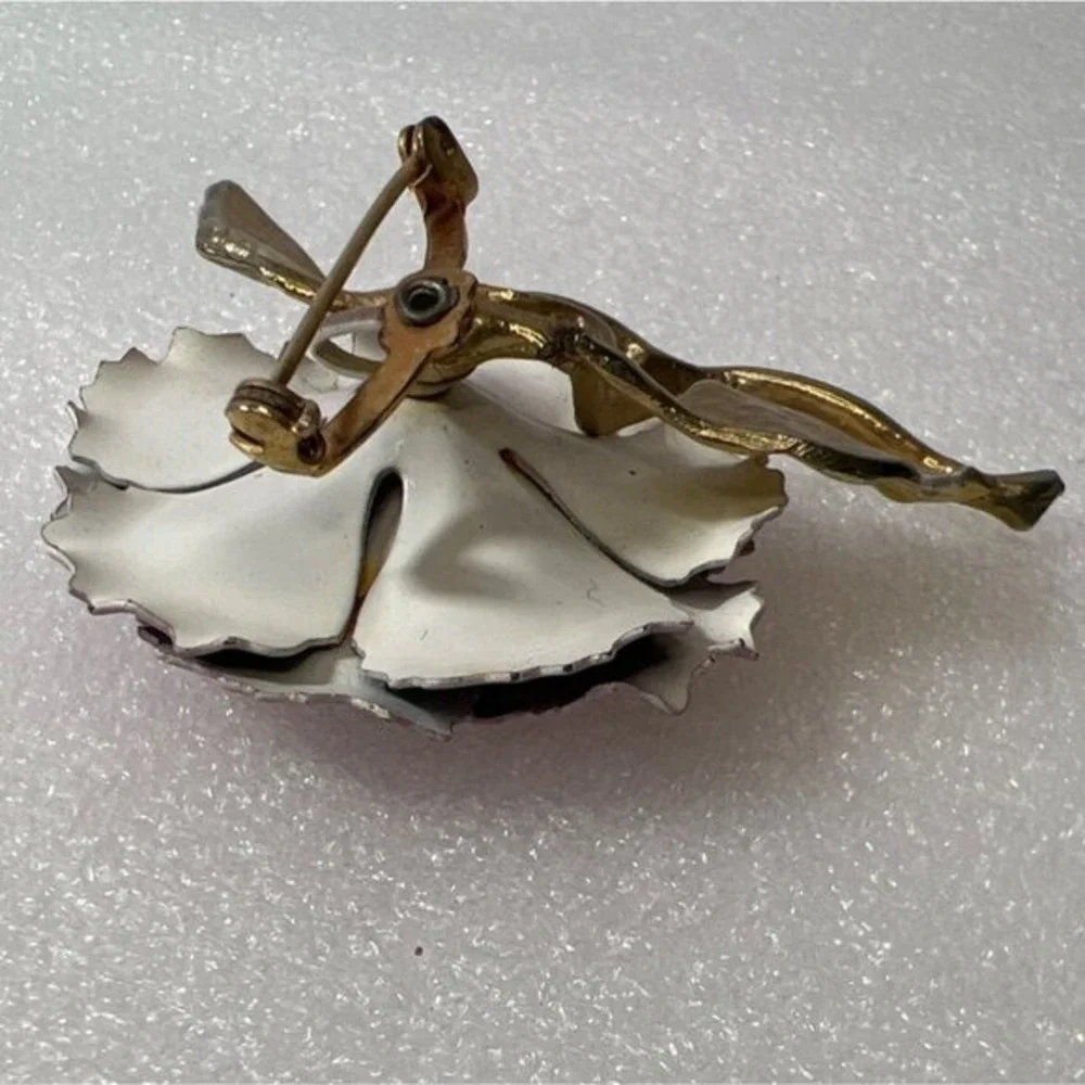 Vintage Lavender‎ Enamel 3D Floral Brooch Ruffled Purple Rhinestones Gold Tone